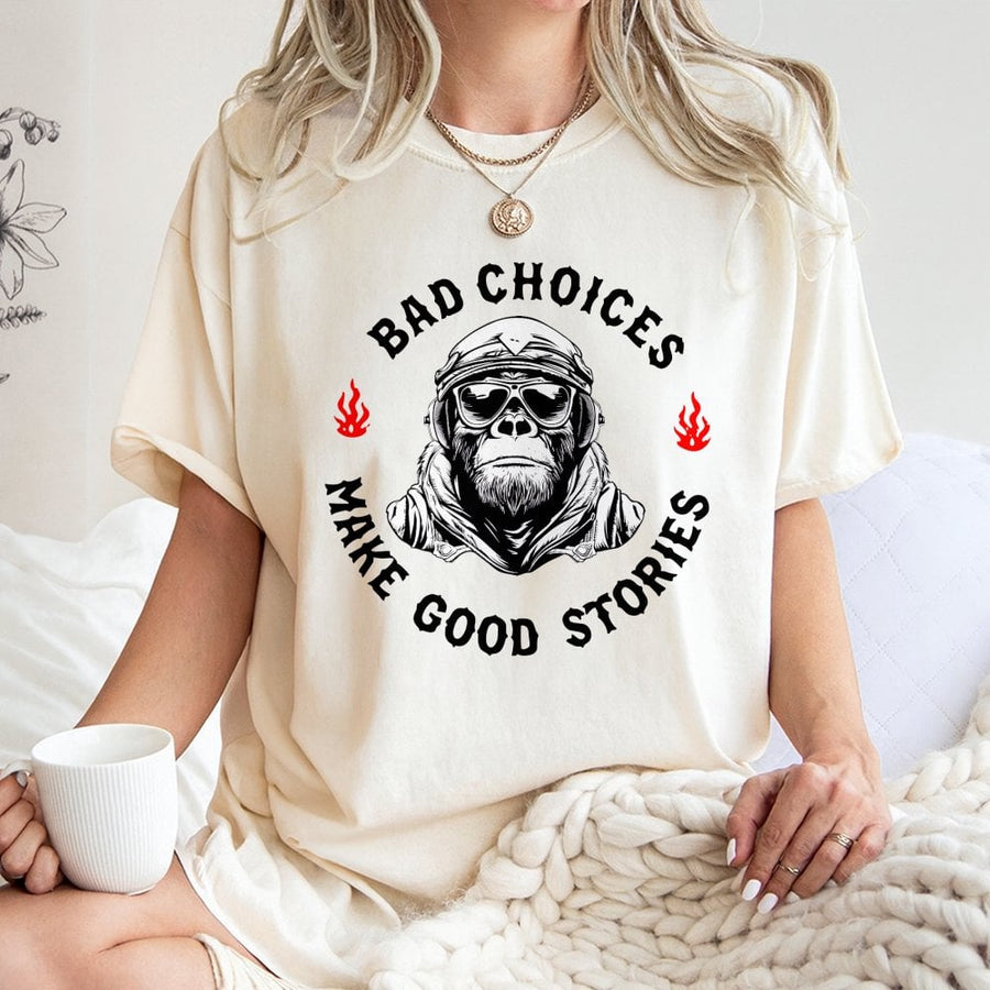 Bad Choices Make Good Stories T-Shirt | Retro Biker Monkey Graphic Tee | Premium 100% Cotton Apparel | Funny Adventure Gift For Men And Women