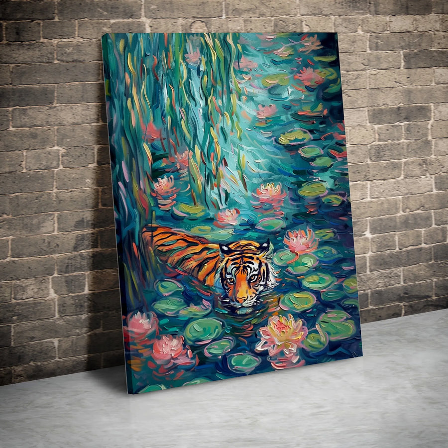 Tiger In Water Lily Pond Canvas Art | Impressionist Wildlife Oil Painting Style | Premium 1.25" Gallery Wrap | Nature Home Decor Gift