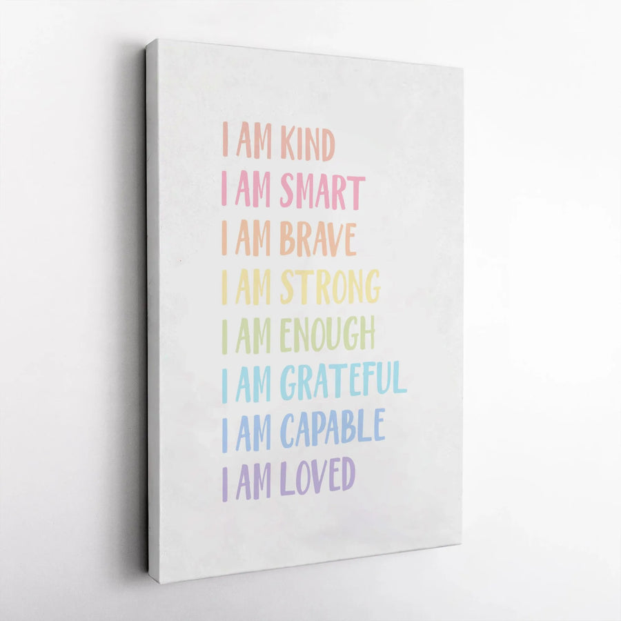 I Am Affirmation Canvas Print | Motivational Pastel Rainbow Wall Art | Premium Gallery-Wrapped Decor | Inspirational Gift For Kids Bedroom Or Office