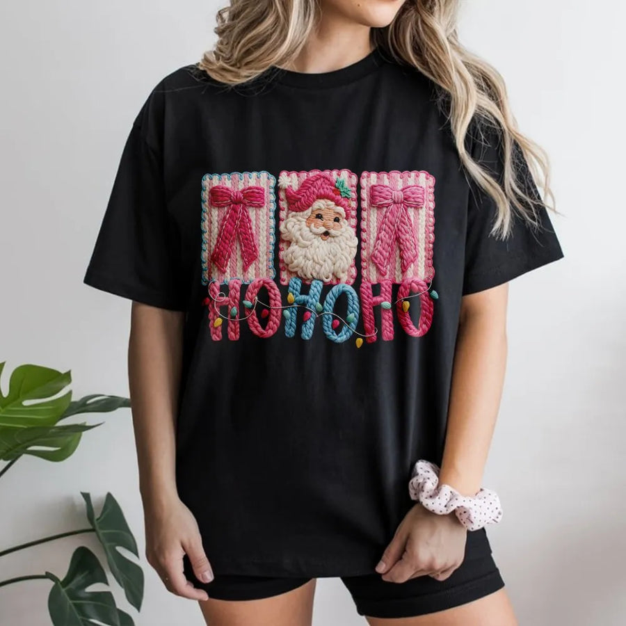 Pink Santa Claus T-Shirt | Faux Yarn Stitched Design | Premium Soft Cotton | Festive Christmas Ho Ho Ho Gift For Women