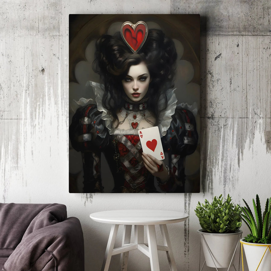 Queen of Hearts Canvas Wall Art | Gothic Queen Portrait with Ace of Hearts | Premium Gallery Quality Print | Dark Fantasy Art for Game Room Decor Gift