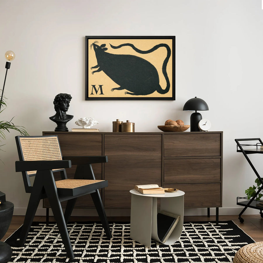 Letter M Mouse Wall Art | Black Folk Art Animal Canvas | Premium Gallery Wrapped Decor | Whimsical Nursery Or Office Gift