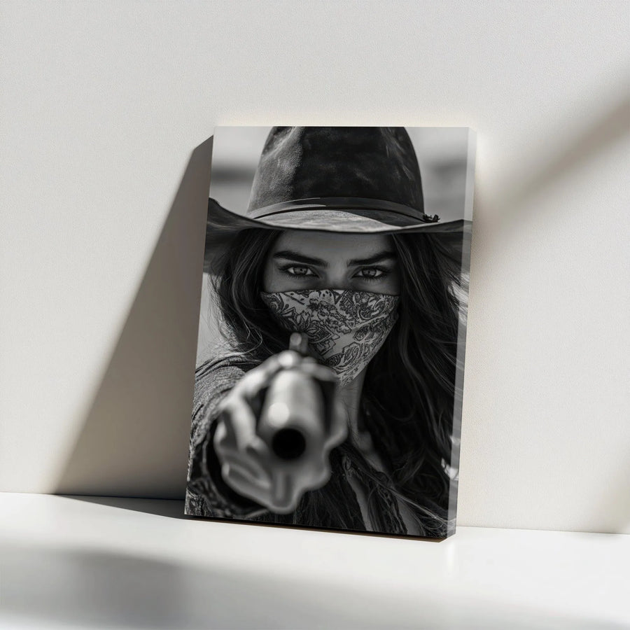 Cowgirl Outlaw Wall Art | Black and White Western Portrait | Gallery Wrapped Premium Canvas | Edgy Rustic Decor for Office or Living Room