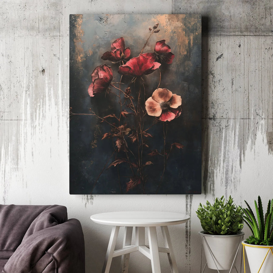 Dark Floral Canvas Print | Moody Red Poppy Botanical Illustration | Premium Gallery Wrapped Canvas | Vintage Farmhouse Wall Decor Gift
