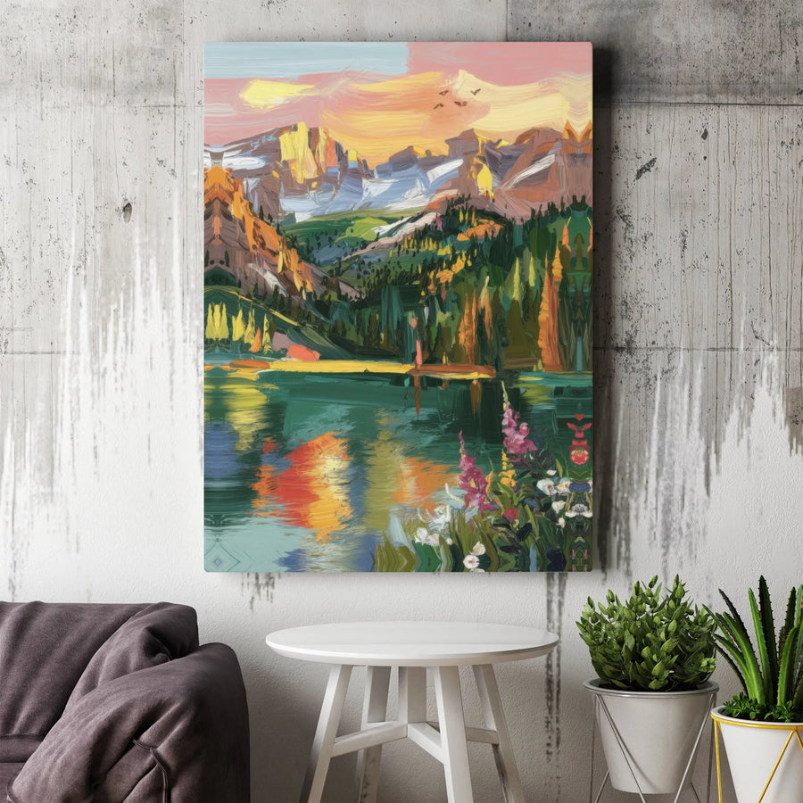 Mountain Lake Canvas Print | Impressionist Wildflower Landscape Art | 1.25" Premium Gallery Wrap | Nature Wall Decor Gift for Nature Lovers