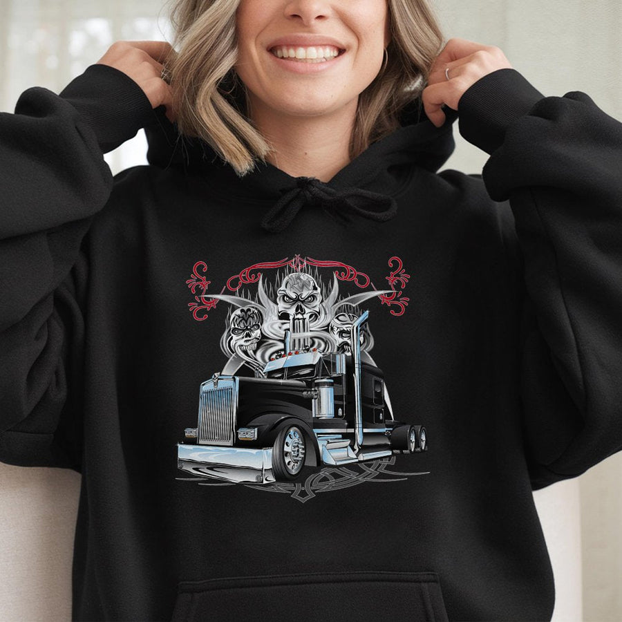 Semi Truck Hoodie | Gothic Skull Graphic Design | Premium Cotton Blend | Gift For Truckers And Big Rig Lovers