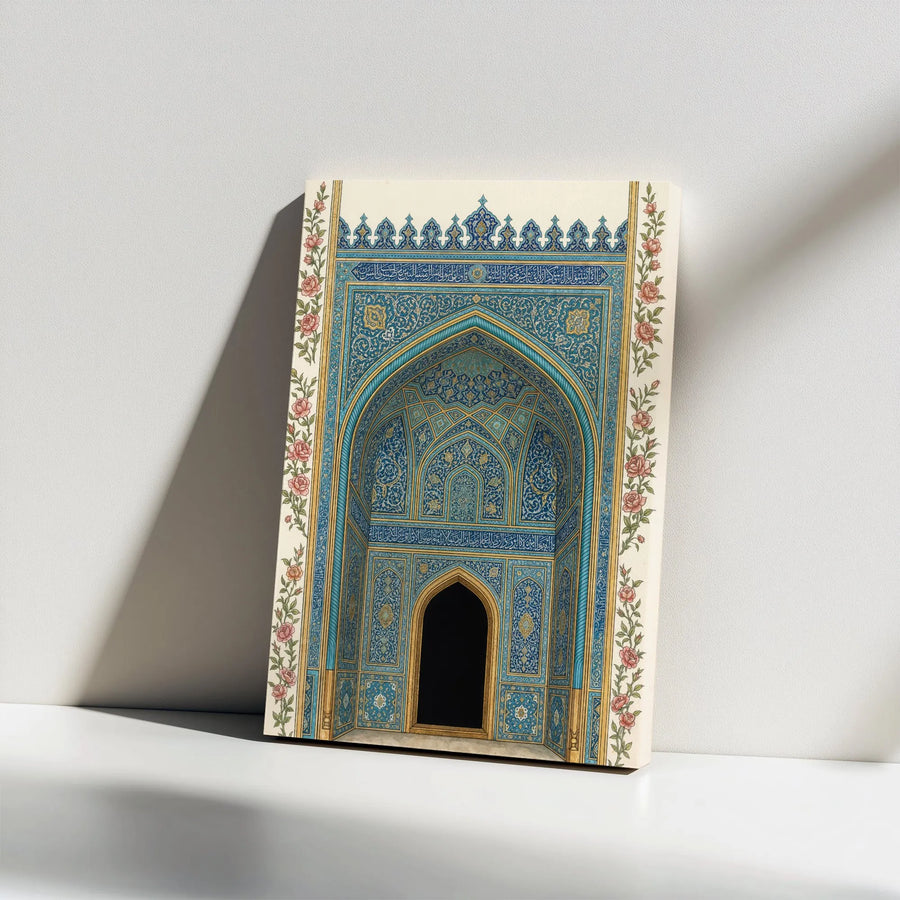 Islamic Mihrab Wall Art Vertical Canvas | Blue Arabesque Mosque Architecture & Rose Floral Borders | 1.25 Inch Gallery Wrap Print | Elegant Eid & Ramadan Gift, Muslim Home Decor