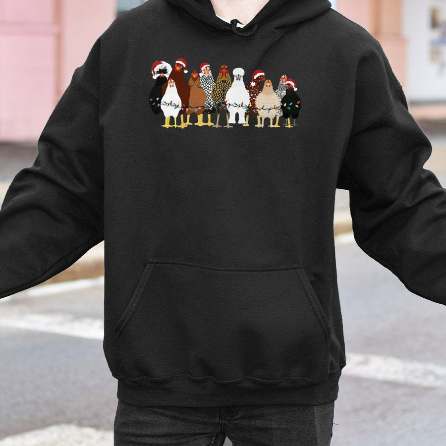 Christmas Chicken Hoodie | Cute Santa Hat Chickens with Holiday Lights | Premium Cotton Blend | Funny Farmer Gift for Chicken Lovers