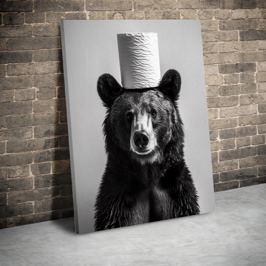 Funny Bear Wall Art | Toilet Paper Hat Animal Portrait | Premium Gallery Wrapped Canvas | Quirky Bathroom Decor Gift For Him