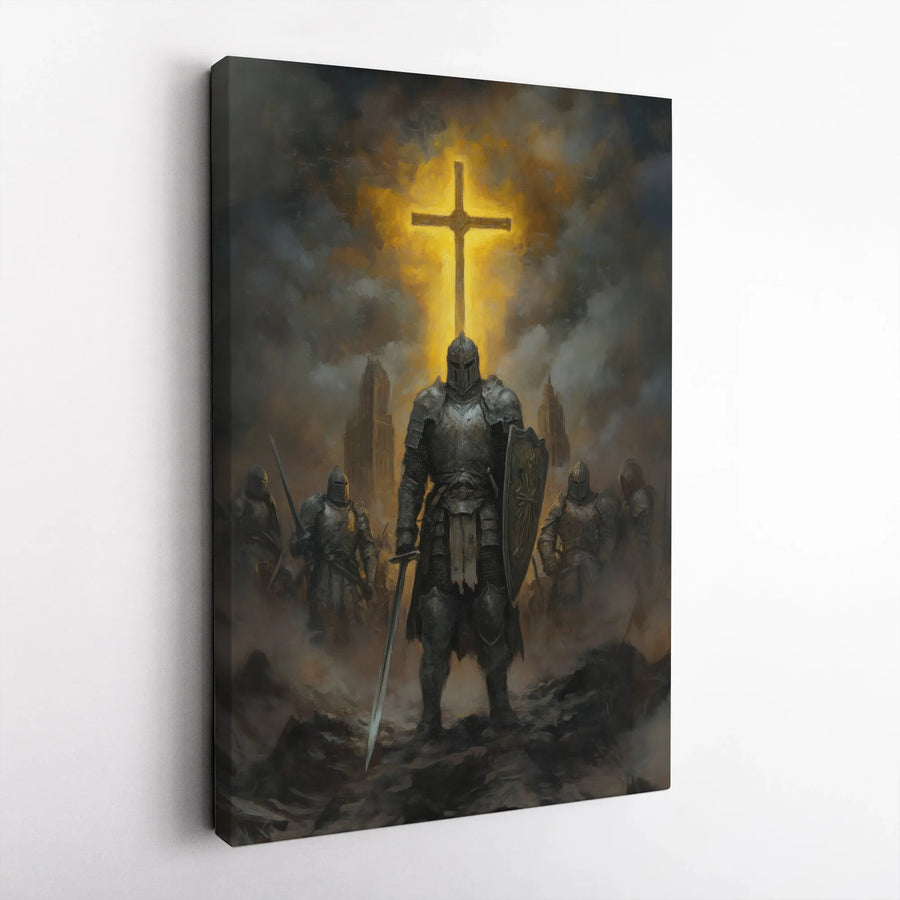 Warrior of God Canvas Wall Art | Christian Knight Templar with Glowing Cross | Premium Gallery Wrap Decor | Spiritual Religious Gift for Men