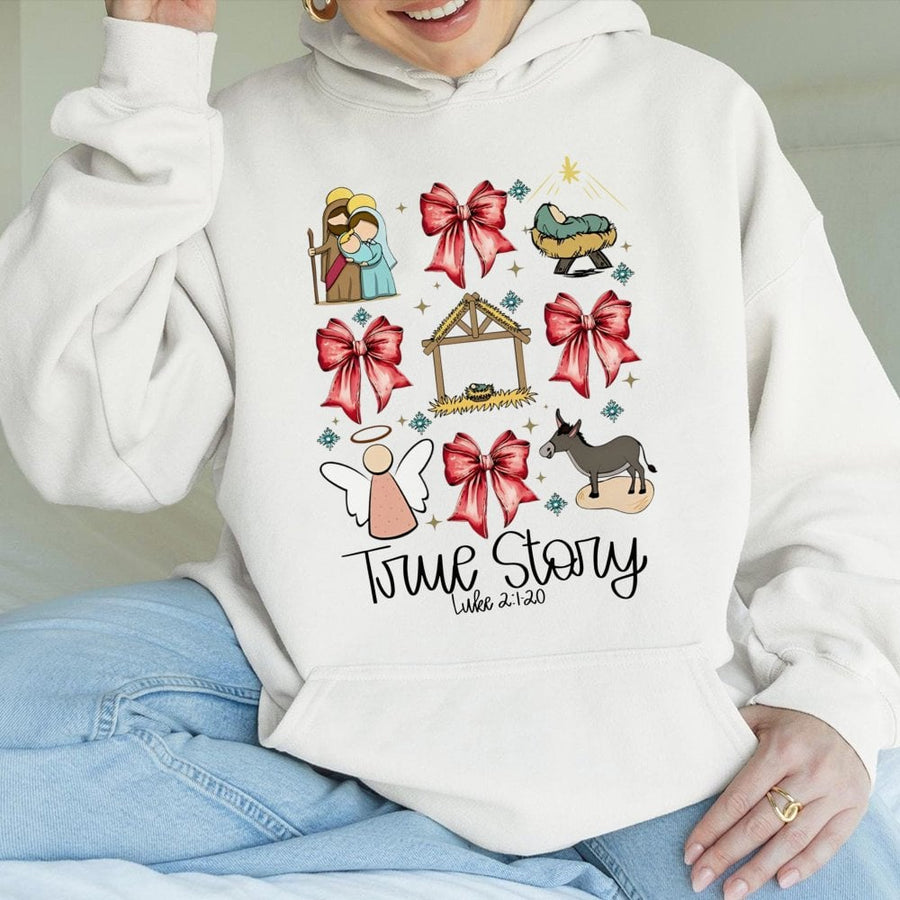 True Story Christmas Hoodie | Nativity Scene Coquette Aesthetic | Premium Cotton-Blend Sweatshirt | Faith-Based Religious Holiday Gift For Her