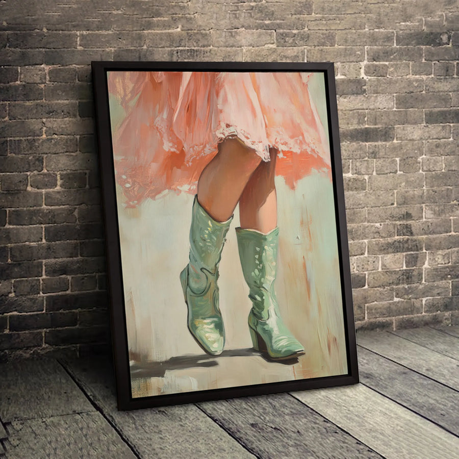 Western Cowboy Boots Canvas Wall Art | Impressionist Pink Dress Painting | Premium Gallery Wrap Print | Modern Country Home Decor Gift