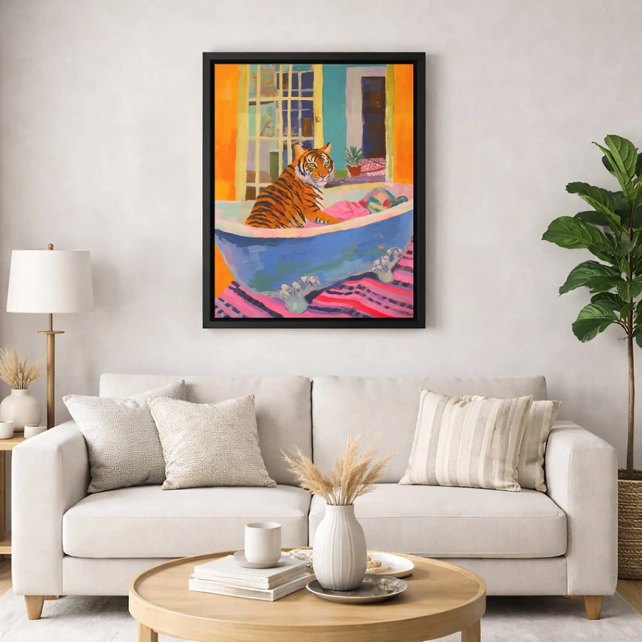 Tiger in Bathtub Canvas Art | Whimsical Animal Oil Painting Style | Premium Fade-Resistant Print | Fun Maximalist Home Decor Wall Gift