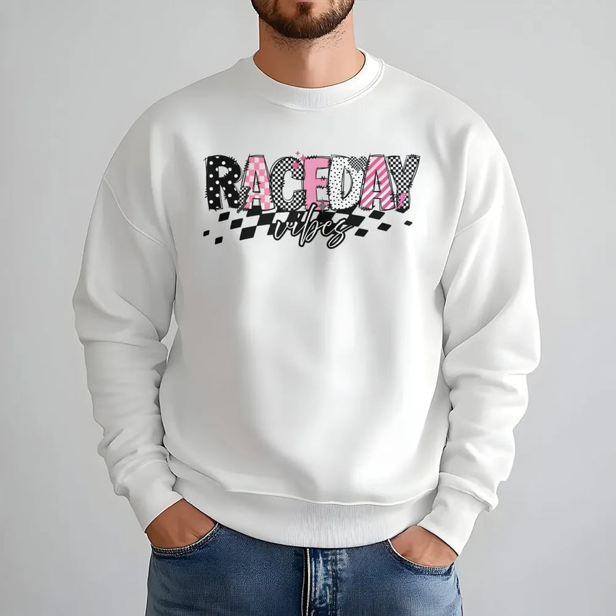 Race Day Vibes Sweatshirt | Checkered Flag Motorsport Graphic | Soft Crewneck Pullover | Gift for Racing Girl and Race Mom