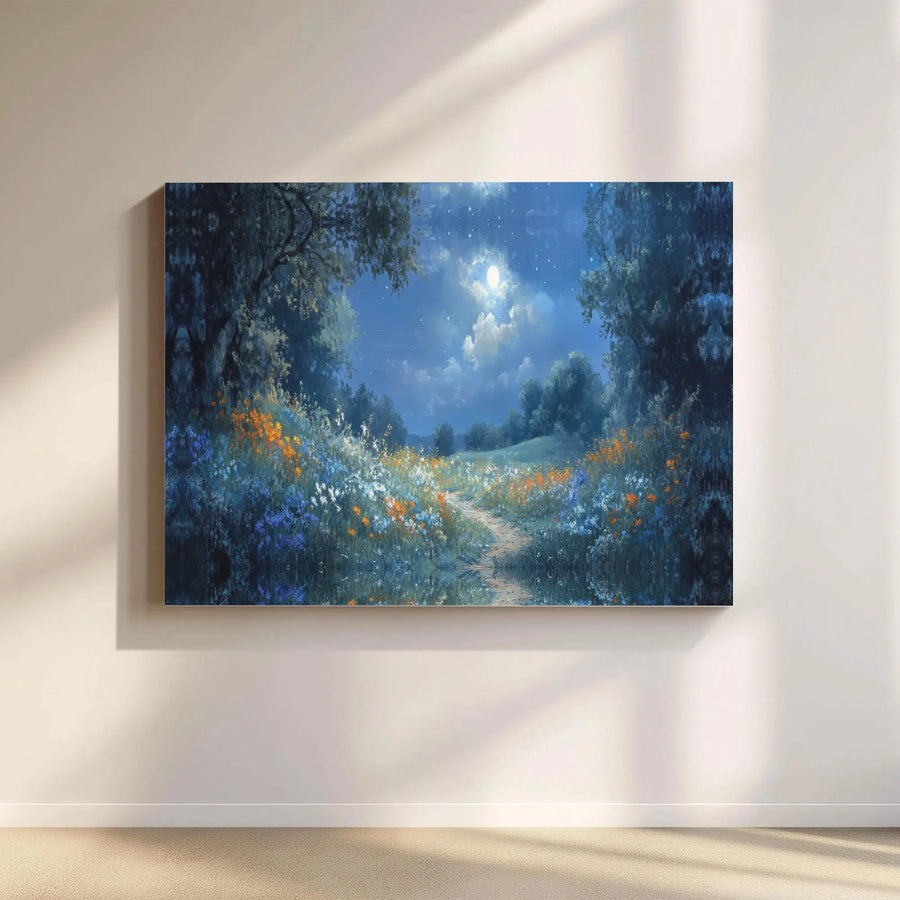Moonlit Meadow Canvas Print | Enchanting Night Landscape Wall Art | Premium Gallery Wrapped Decor | Nature Lover Gift for Home Office