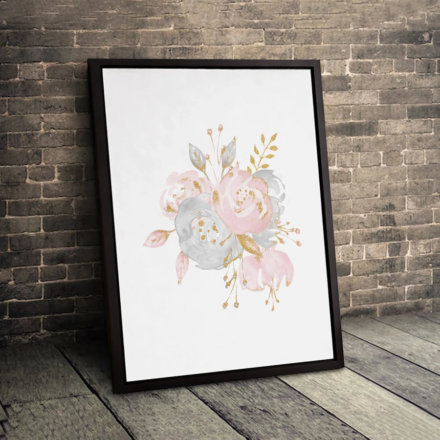 Pink and Grey Floral Canvas Wall Art | Watercolor Flower Bouquet with Gold Glitter Accents | Gallery-Quality 1.25" Profile | Modern Home Decor Gift