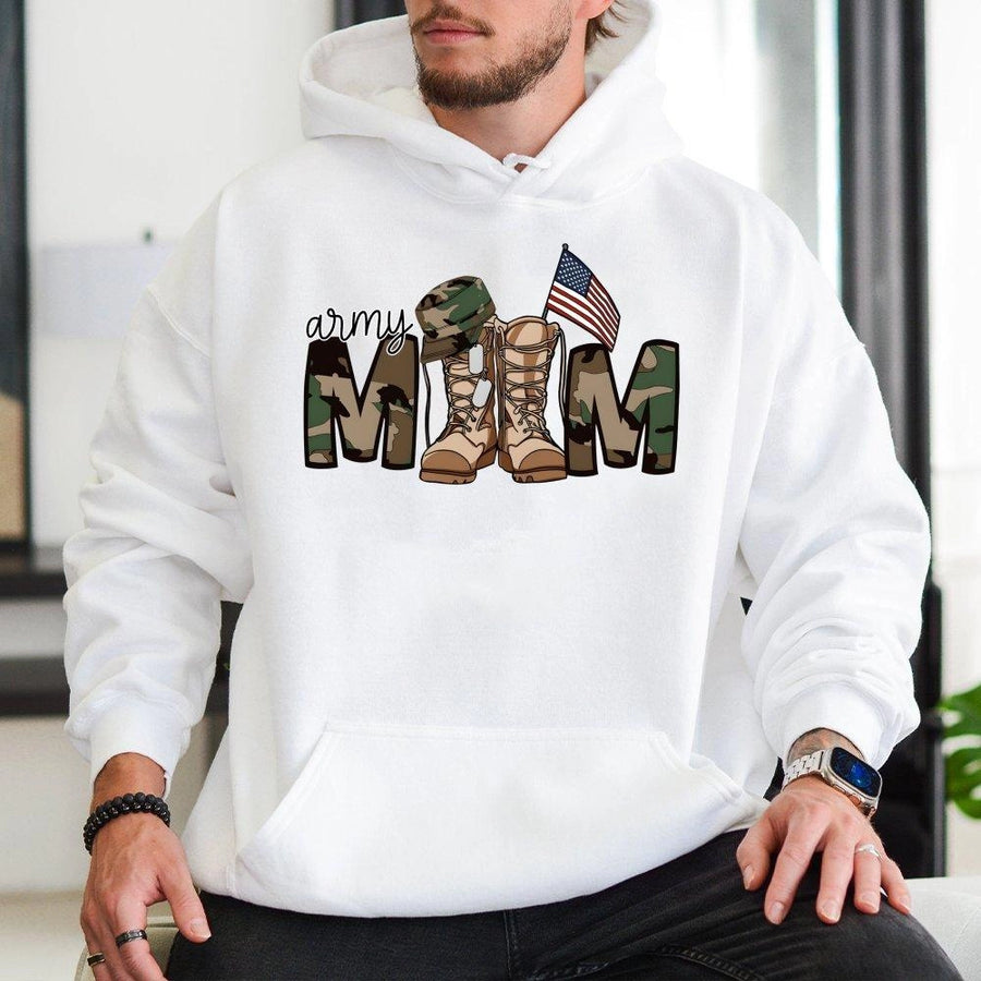 Army Mom Hoodie | Camo Combat Boots & American Flag Graphic | Premium Cotton Blend | Proud Military Mother Gift