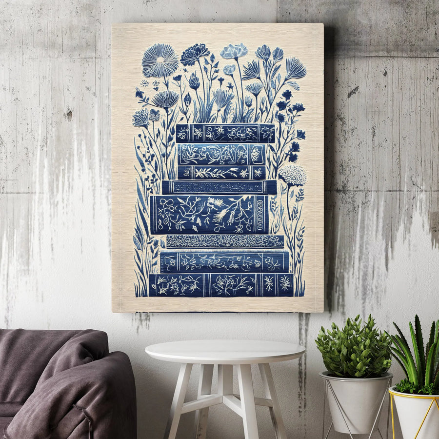 Botanical Bookshelf Canvas Wall Art | Vintage Linocut Style Floral Illustration | Premium Gallery Wrapped Canvas | Book Lover Gift & Library Decor