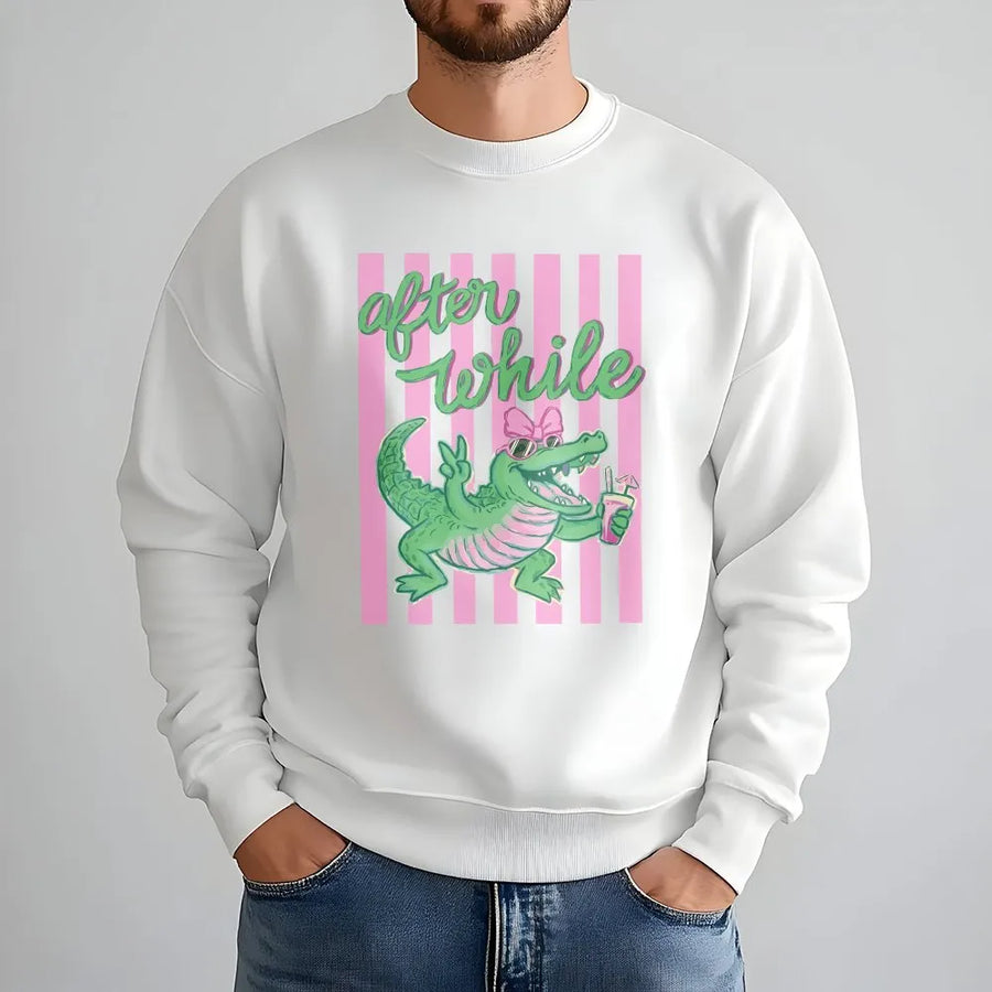After While Crocodile Sweatshirt | Funny Pink & Green Gator Graphic | Soft Cotton Blend | Preppy Beach Vacation Gift for Women