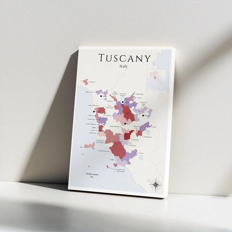 Tuscany Wine Regions Map Canvas Wall Art | Italian Vineyard Geography Print | Premium Gallery Wrap Decor | Gift for Wine Lovers & Travelers