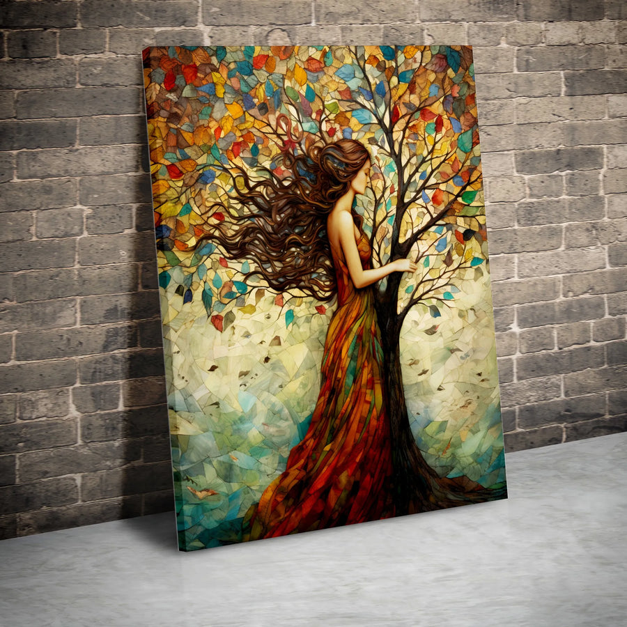 Autumn Tree Woman Canvas Wall Art | Mosaic Stained Glass Style Print | Premium Gallery-Wrapped Decor | Whimsical Nature Home Gift