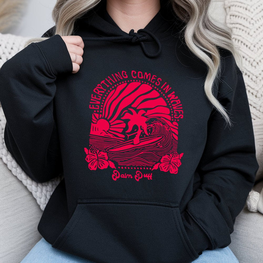 Surfing Graphic Hoodie | Everything Comes In Waves Retro Design | Premium Cotton Blend | Gift For Surfer Beach Lover