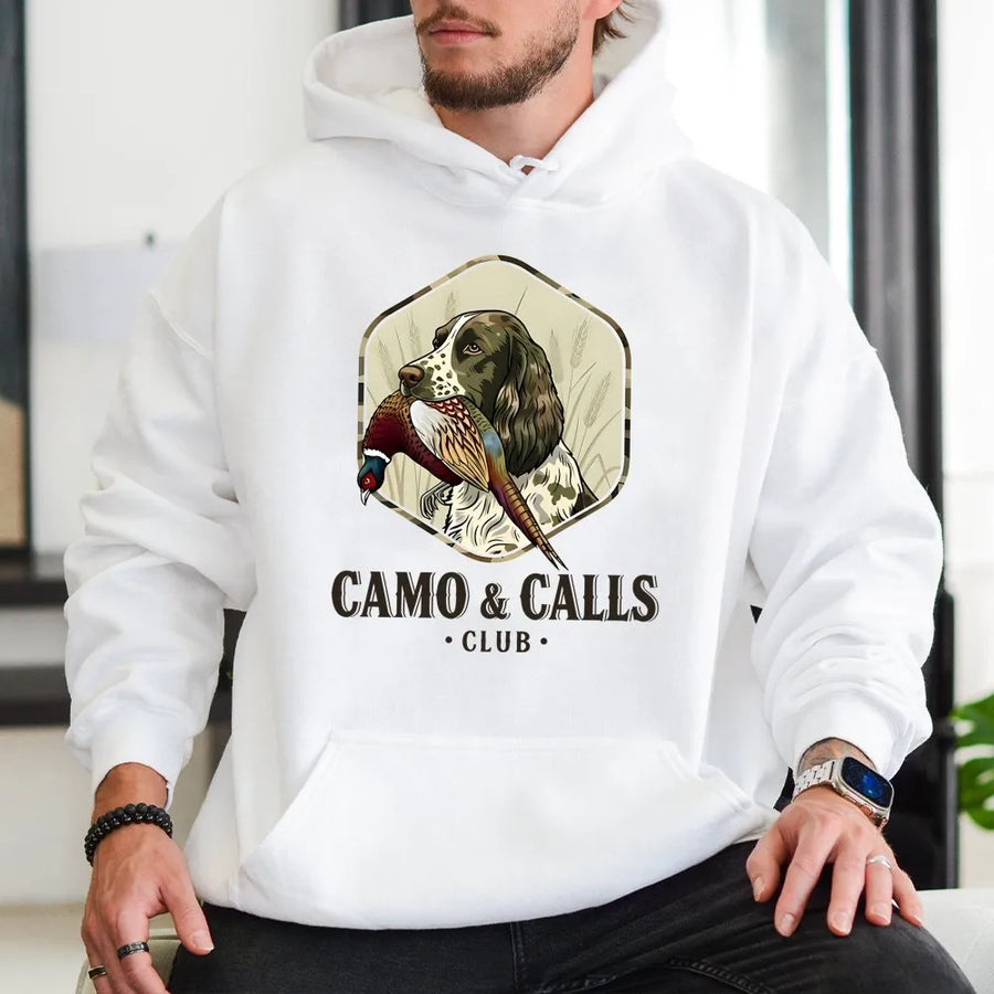 Camo & Calls Hunting Hoodie | Springer Spaniel Bird Dog Graphic | Premium Cotton-Poly Blend | Gift for Pheasant Hunters