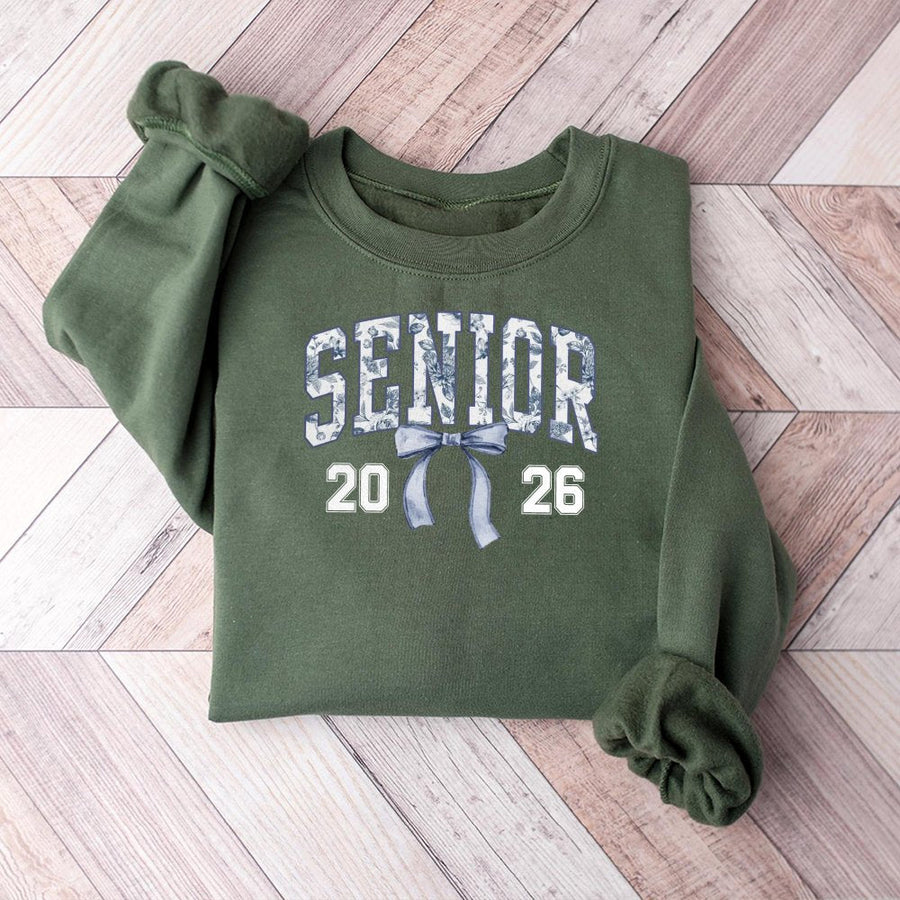 Senior 2026 Sweatshirt | Coquette Bow Blue Toile Aesthetic | Soft Cotton Blend Crewneck | Graduation Gift for High School or College Student