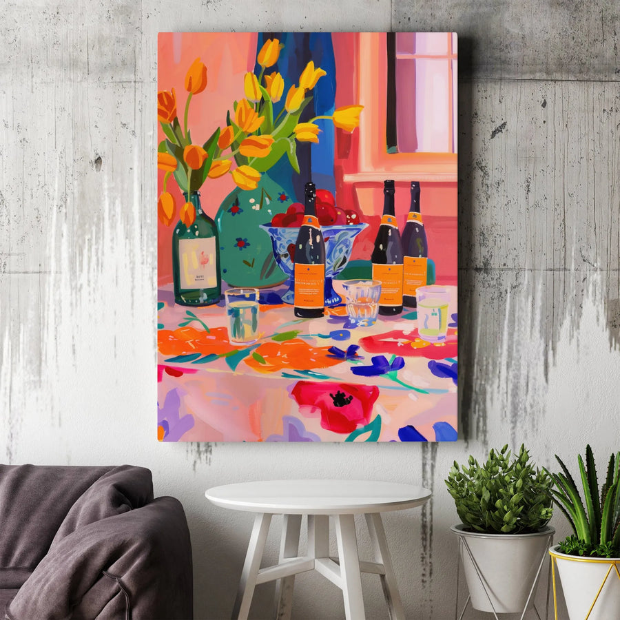 Floral Still Life Canvas Print | Vibrant Yellow Tulips And Wine Tabletop Art | Premium Gallery-Wrapped 1.25" Profile | Modern Kitchen And Dining Home Decor