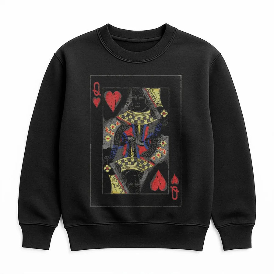 Queen Of Hearts Sweatshirt | Vintage Playing Card Graphic Print | Premium Cotton Blend Crewneck | Artistic Gift For Card Players And Gamers
