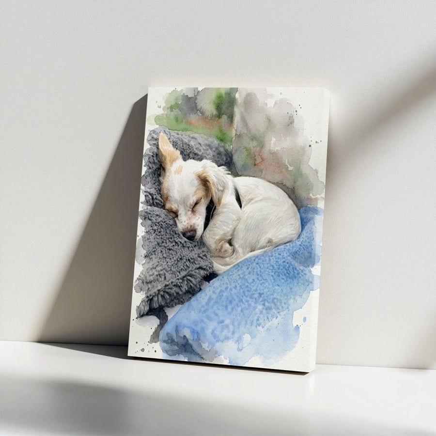 Sleeping Puppy Canvas Print | Watercolor Dog Wall Art | Premium Gallery Wrap 1.25" Frame | Cute Nursery Decor Gift for Dog Lovers