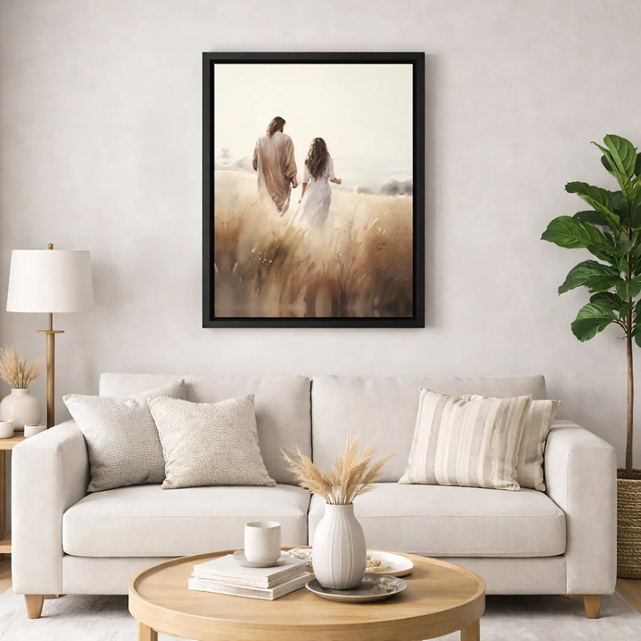 Jesus Walking With Woman Wall Art | Spiritual Meadow Portrait | Premium Gallery Canvas | Christian Home Decor Gift