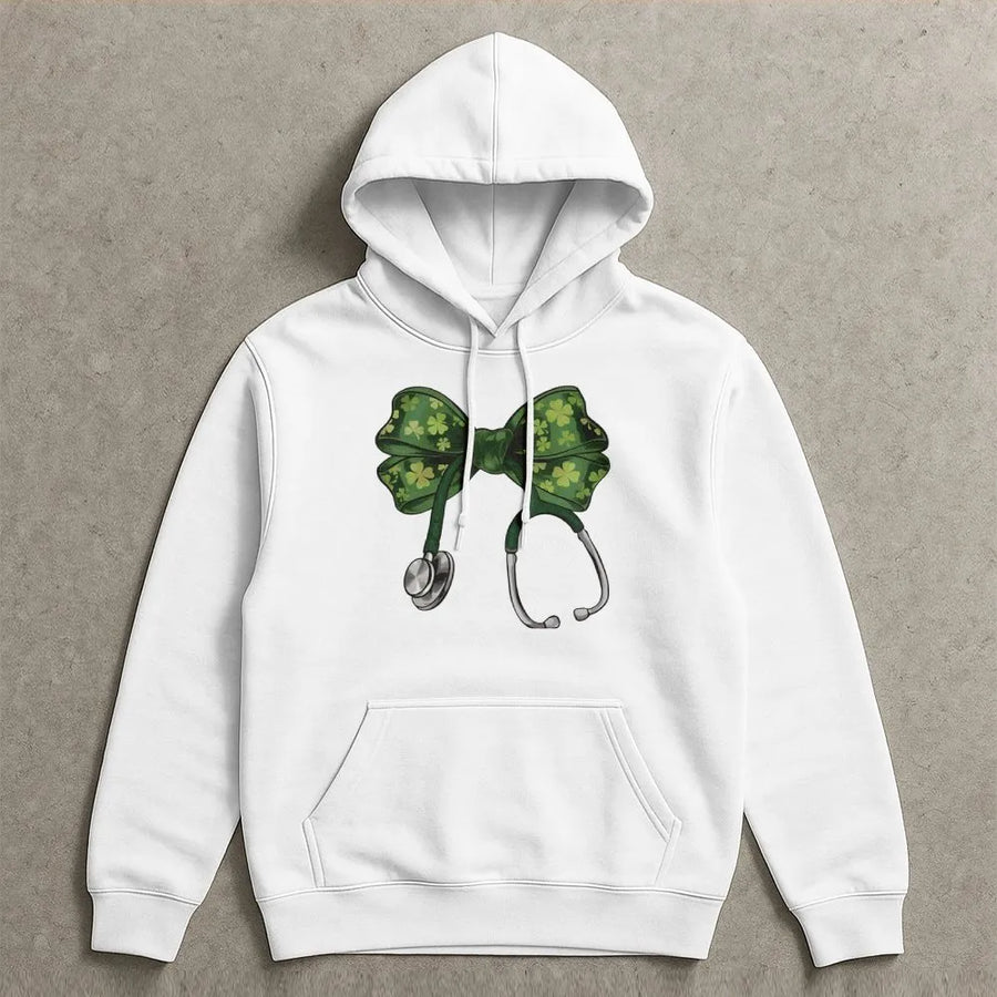 St. Patrick's Day Nurse Hoodie | Coquette Shamrock Bow Stethoscope Graphic | Premium Cotton Blend Sweatshirt | Lucky Irish Gift for Healthcare Workers