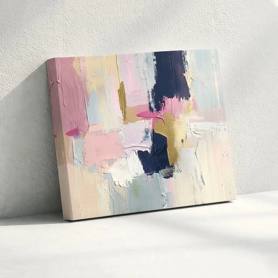 Abstract Pink And Navy Blue Wall Art | Gold Foil Texture Canvas Print | Premium Gallery Wrapped Decor | Modern Home Office Statement Piece