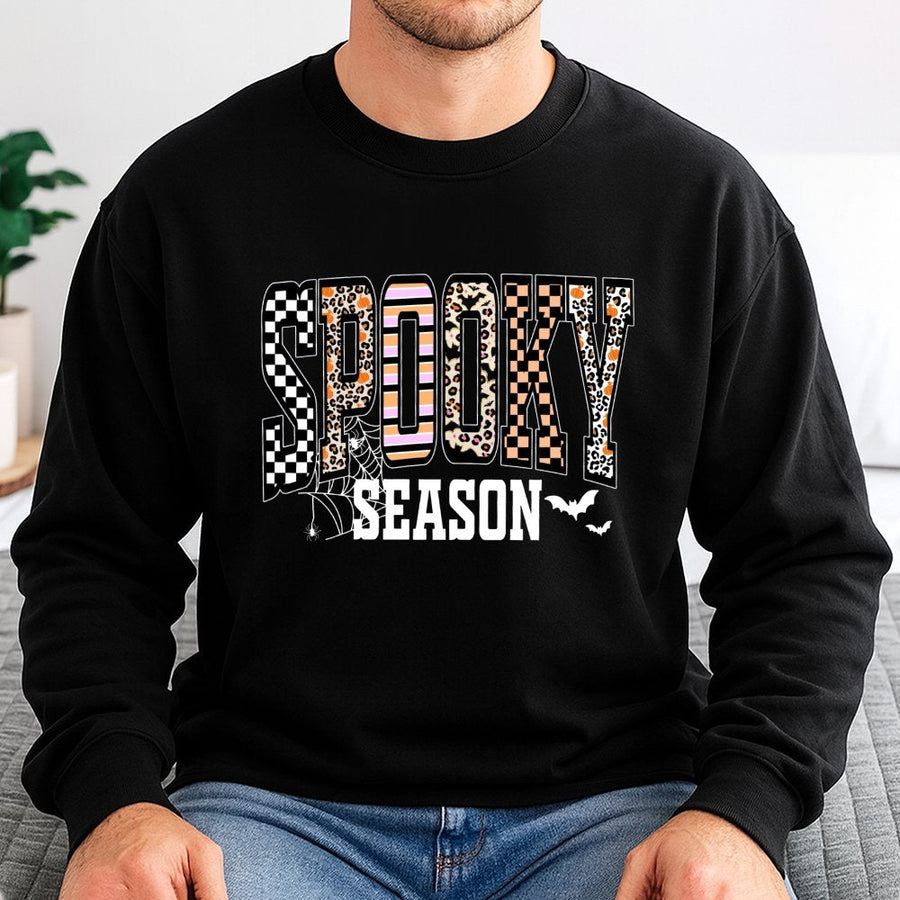 Spooky Season Sweatshirt | Retro Halloween Leopard Print Checkered Design | Premium Cotton Blend Crewneck | Cute Fall Gift for Her