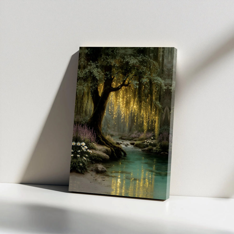 Enchanted Forest Canvas Print | Weeping Willow With Fairy Lights Wall Art | Premium Gallery Wrap Decor | Magical Nature Landscape Gift