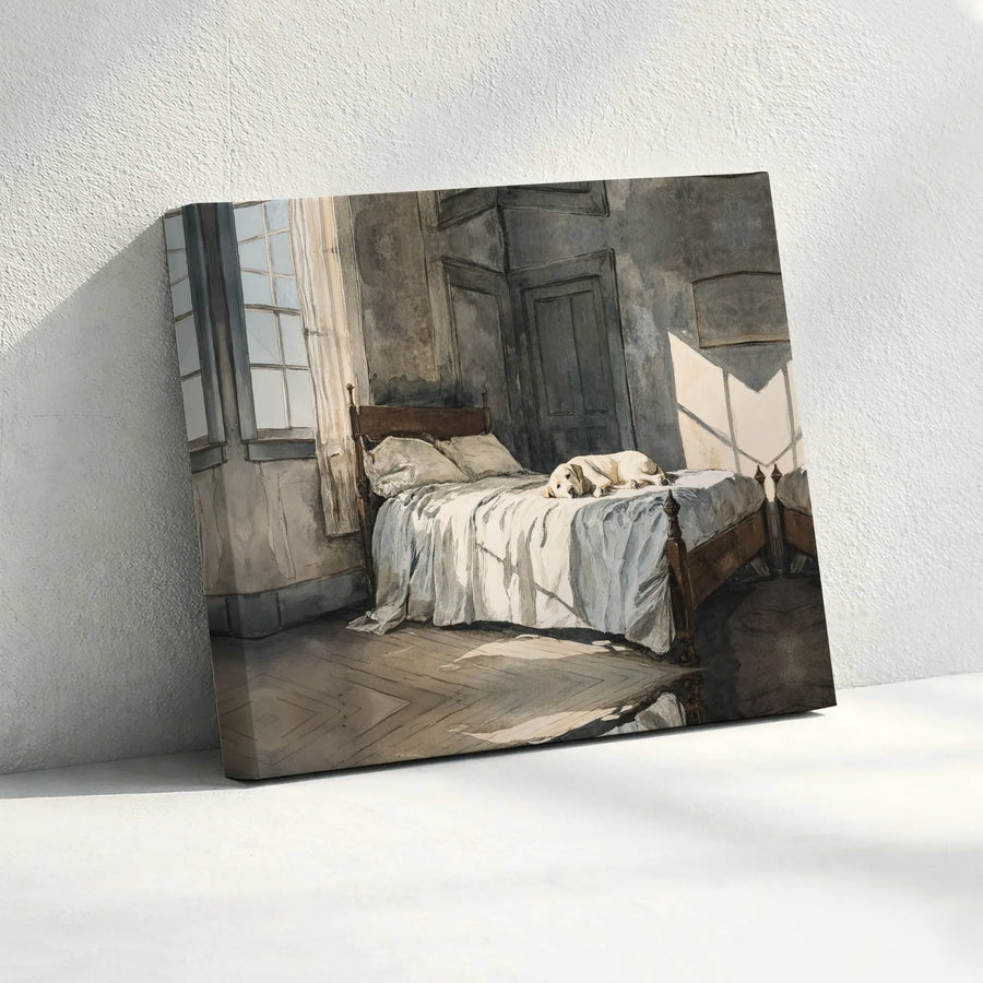 Sleeping Dog Watercolor Canvas Print | Sunlit Bedroom Art | Premium 1.25-Inch Gallery Wrap | Cozy Home Decor Gift for Pet Lovers