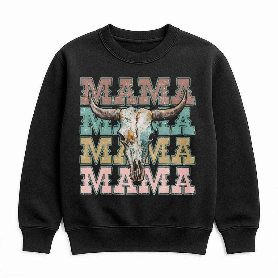 Mama Western Sweatshirt | Retro Bull Skull Graphic | Premium Cotton Blend Crewneck | Trendy Boho Cowgirl Gift for Mom