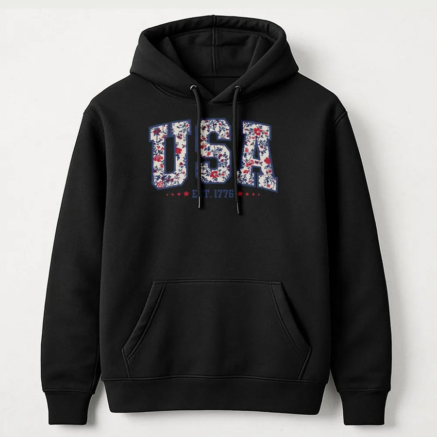 Fourth of July USA Hoodie | Vintage Floral Print Est. 1776 | Premium Comfort Colors Cotton | Patriotic Gift for Her, American Pride Apparel