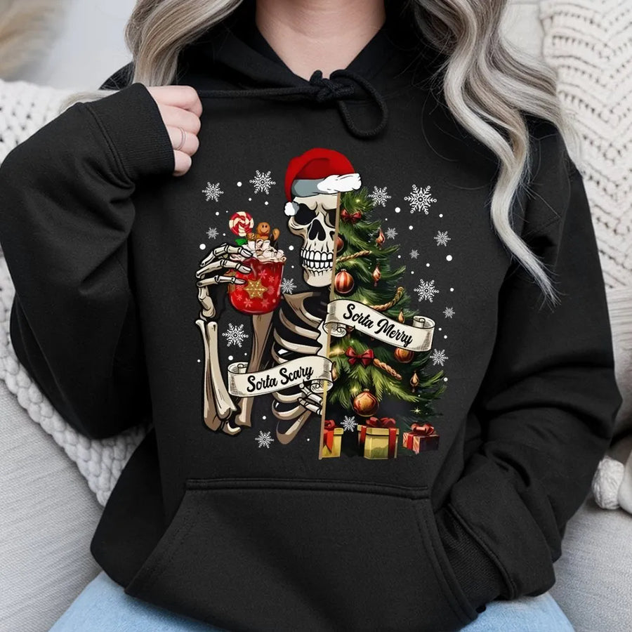 Sorta Merry Sorta Scary Hoodie | Skeleton Christmas Tree Graphic | Soft Cotton-Blend Premium Unisex Sweatshirt | Funny Spooky Christmas Gift Idea