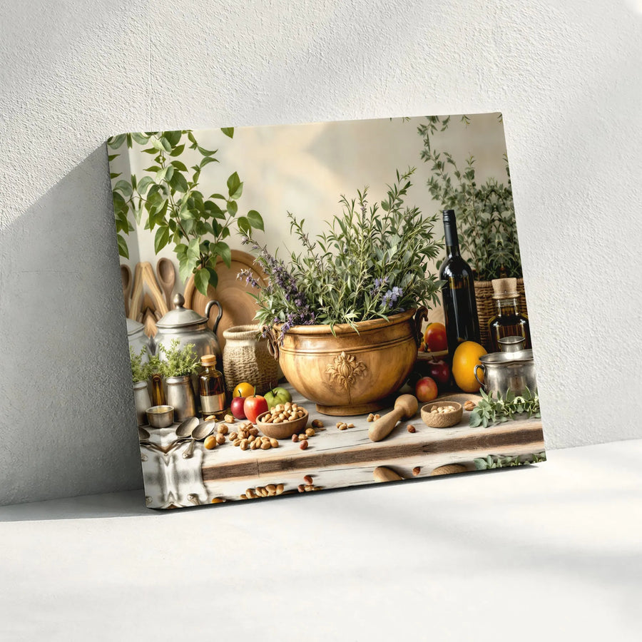 Rustic Kitchen Still Life Canvas | Farmhouse Herb and Fruit Wall Art | Premium Gallery-Wrapped Print | Elegant Home Decor for Kitchen or Dining Room