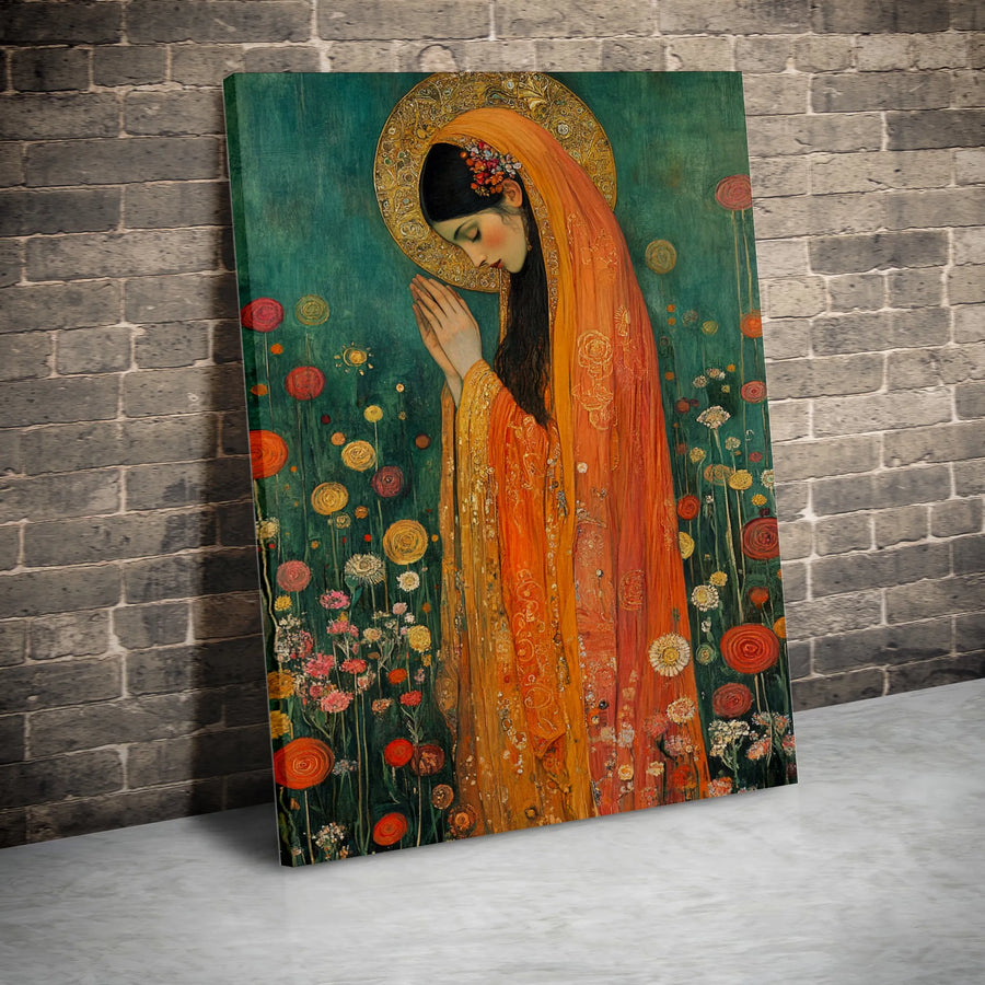 Virgin Mary Canvas Wall Art | Art Nouveau Floral Prayer Painting | Premium Gallery Wrap Print | Religious Home Decor Gift