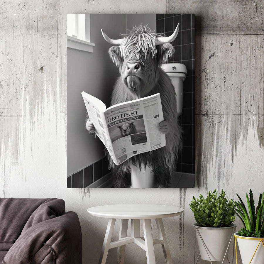 Highland Cow Bathroom Wall Art | Funny Animal Reading Newspaper Print | Premium Gallery Wrap Canvas | Humorous Home Decor Gift