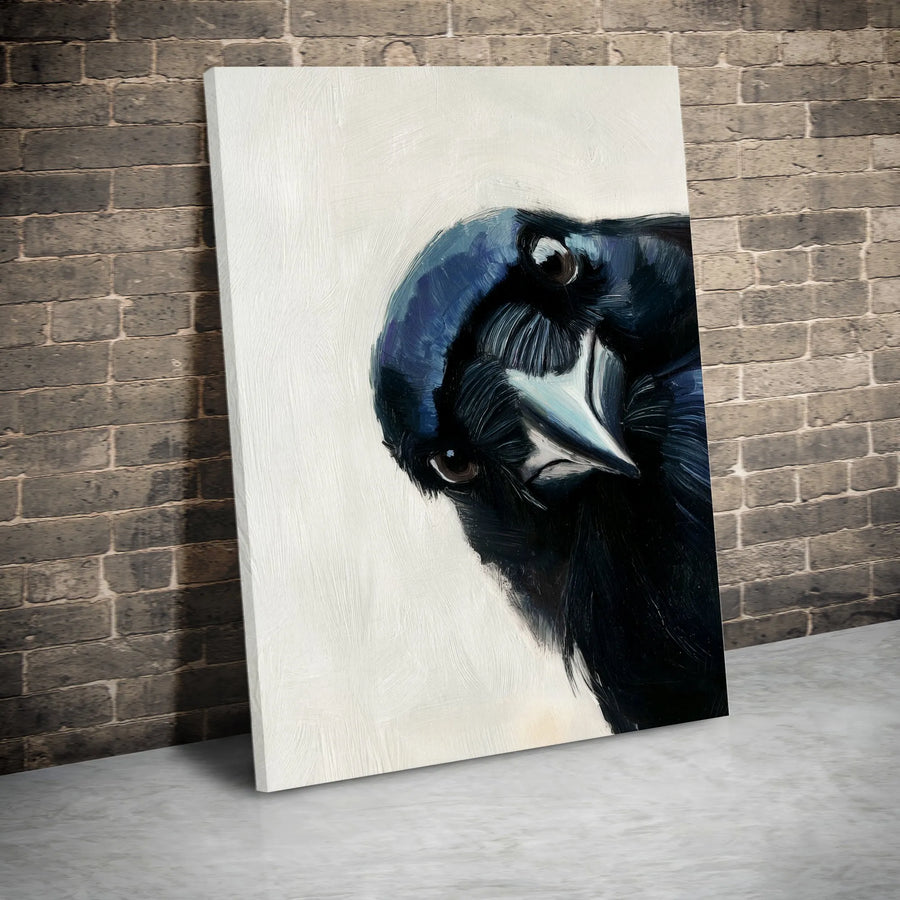 Crow Canvas Wall Art | Modern Painterly Black Bird Portrait | Premium Gallery Wrapped Print | Moody Gothic Decor Gift for Bird Lovers