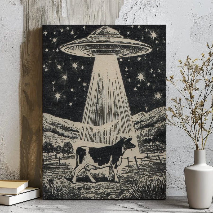 UFO Cow Abduction Canvas Print | Vintage Etching Sci-Fi Wall Art | Gallery Wrapped 1.25 Inch Premium Decor | Unique Gift for Alien Enthusiasts