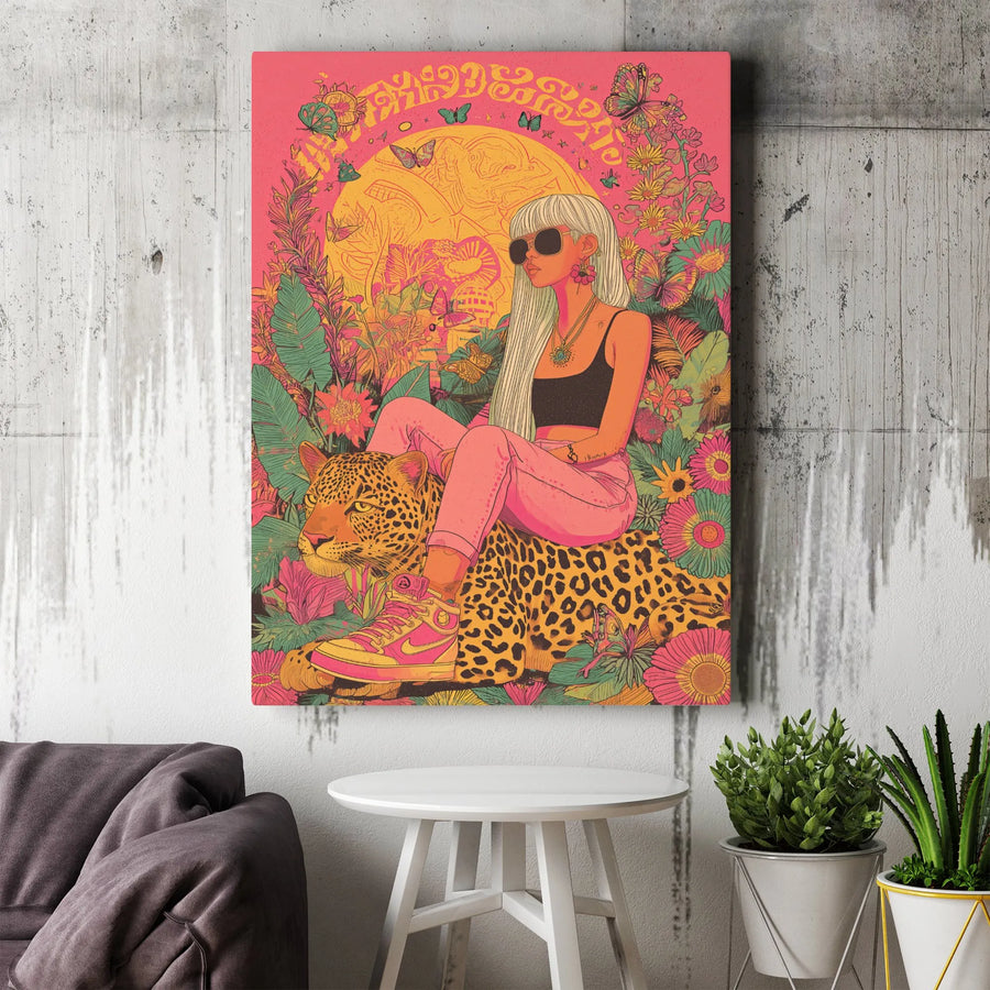 Psychedelic Leopard Canvas Wall Art | Tropical Jungle Aesthetic Print | 1.25-Inch Gallery Wrap | Bohemian Boho Home Decor Gift