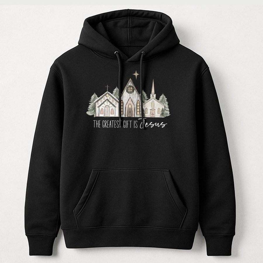 Christian Christmas Hoodie | The Greatest Gift Is Jesus Church Design | Premium Cotton Blend | Faith Based Holiday Apparel Gift for Women and Men