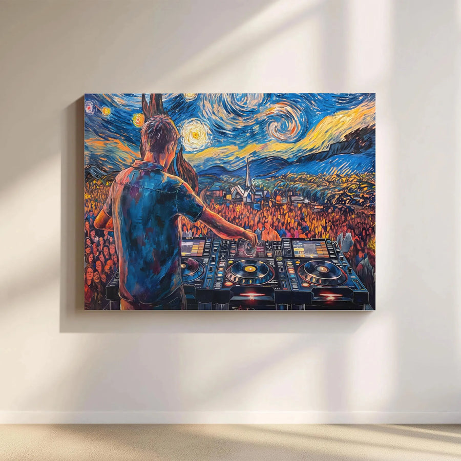 DJ Music Festival Canvas Wall Art | Starry Night Impressionist Style Print | 1.25" Gallery Wrap | Premium Decor Gift for Music Lovers