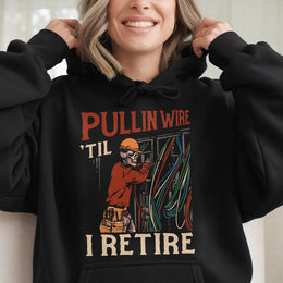Electrician Hoodie | Pullin Wire Til I Retire Skeleton Design | Premium Cotton-Polyester Blend | Funny Blue Collar Trade School Gift For Men
