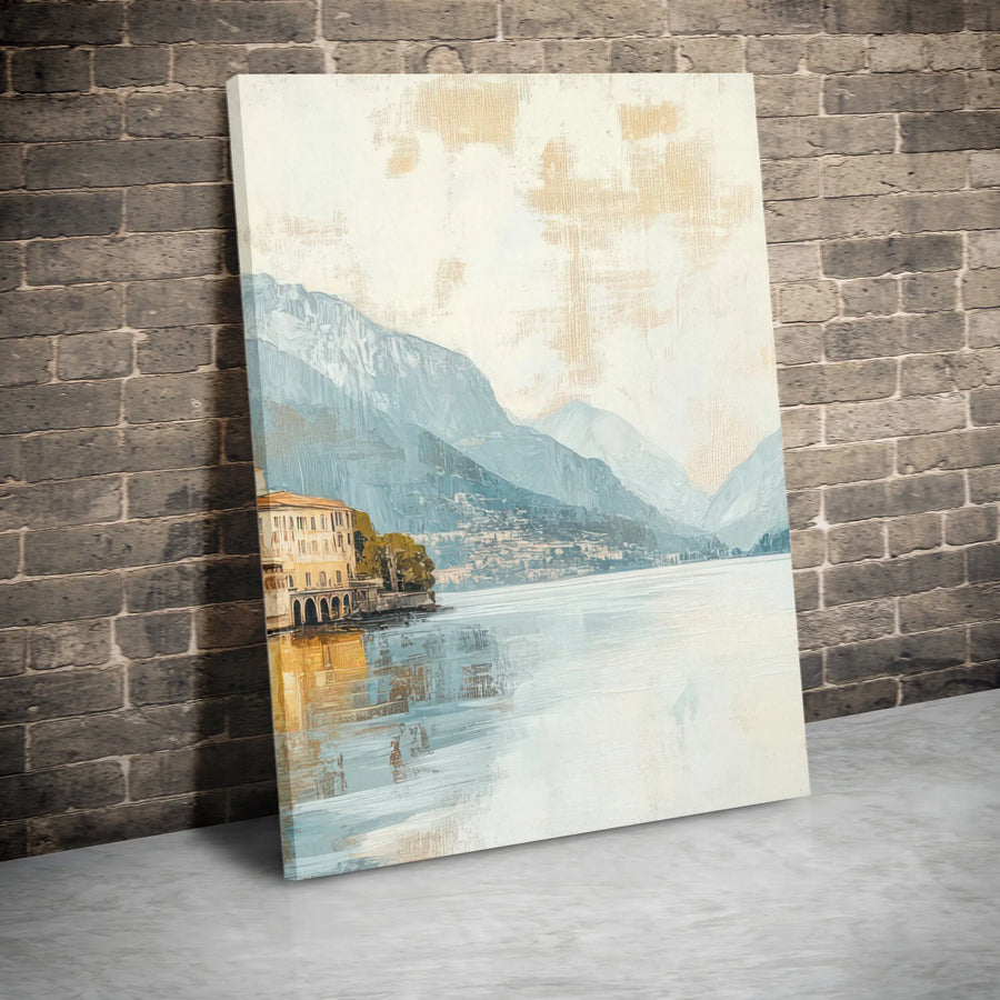 Lakeside Mountain Landscape Canvas Print | Mediterranean Coastal Town Wall Art | Gallery Wrapped Premium Decor | Aesthetic Gift For Home Office